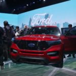 media members with Ford Explorer ST at the North American International Auto Show in Detroit, Michigan