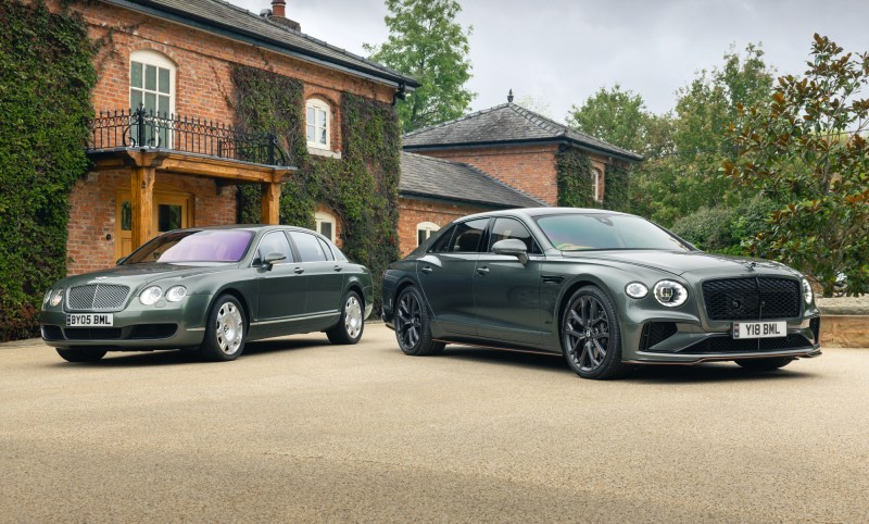 Bentley 2005 Continental Flying Spur W12 and 2025 Mulliner Flying Spur Speed parked in the drive before a brick building.