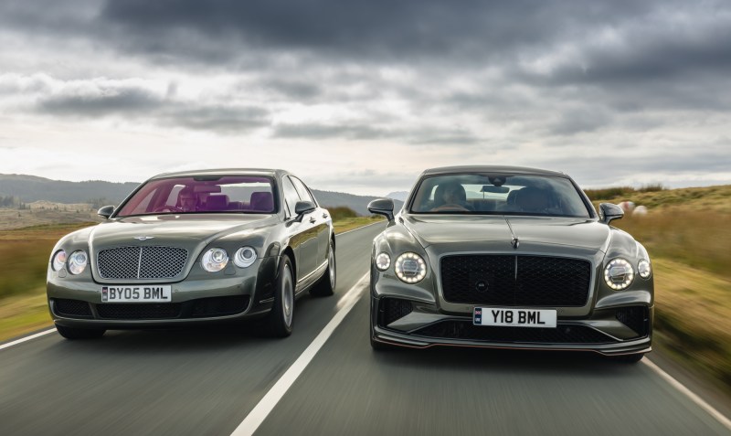 Bentley 2005 Continental Flying Spur W12 and 2025 Mulliner Flying Spur Speed direct front view on a two-lane road.