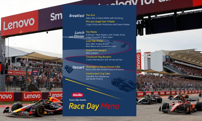 Barilla F1 Race Day Menu overlay on COTA image from 2023.