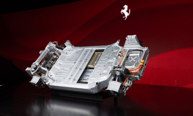 The Ferrari Elettrica battery is enclosed in the chassis.