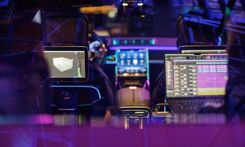 The view from the back seat of a Mercedes Maybach set up for the Crafted in a Mercedes demo.