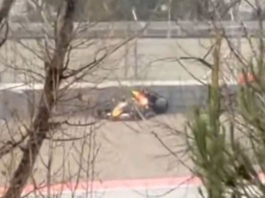 Hadjar, first 'trouble': crashes on turn 14 and damages the rear of the RB22

