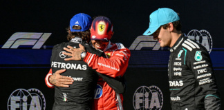 Antonelli, Hamilton e Russell dopo le Qualifiche del GP Cina 2026
