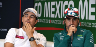 Sergio Perez (Red Bull) e Fernando Alonso (Aston Martin) in conferenza stampa a Città del Messico